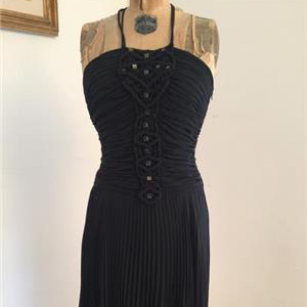 FERAUD Black Gathered Macrame Silk Cocktail Dress